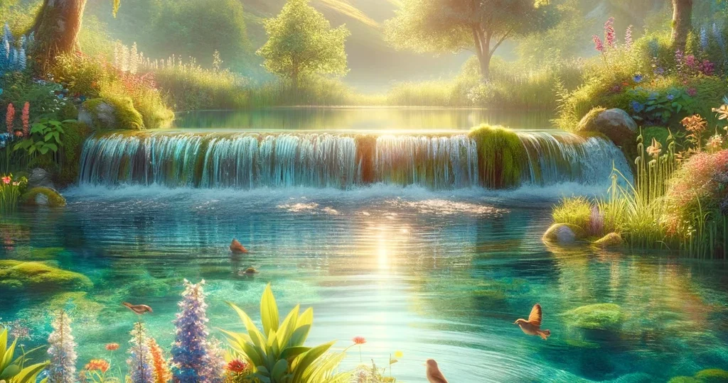 DALL·E 2024-02-29 10.32.01 – A serene landscape showcasing the pure beauty of spring water. Imagine a tranquil scene with crystal-clear water gently flowing from a natural spring,